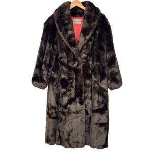 Jordache Vintage Brown Faux Fur Coat Midi Length Made in USA Retro Glam